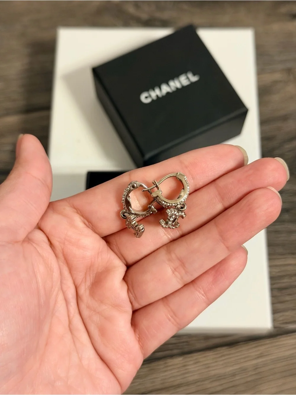 CHANEL Silver Crystal CC Dangle Earrings